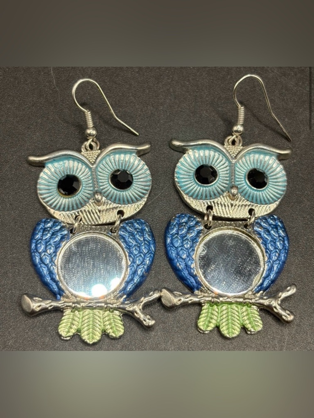 Enameled Silvertone Boho Owl Figure Dangle Drop Earrings w Mirrored Bellies